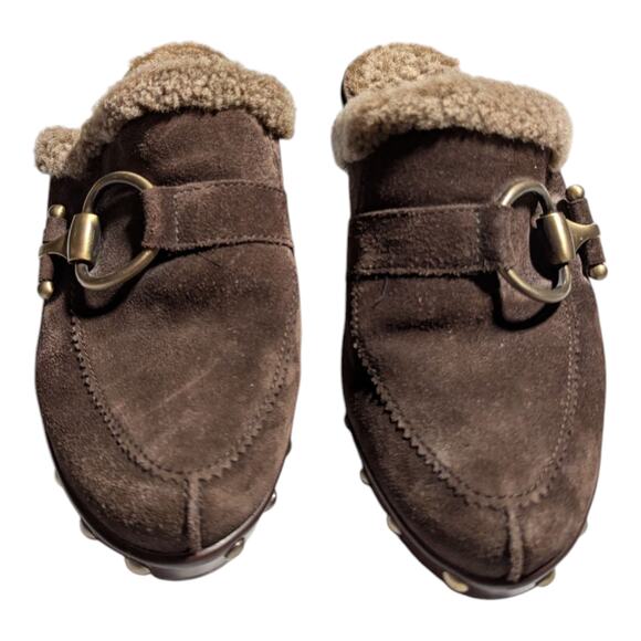 Vtg Y2K Stuart Weitzman Circuit Cola Brown Suede Shearling Lined Wedge Clogs 7 - Picture 2 of 7